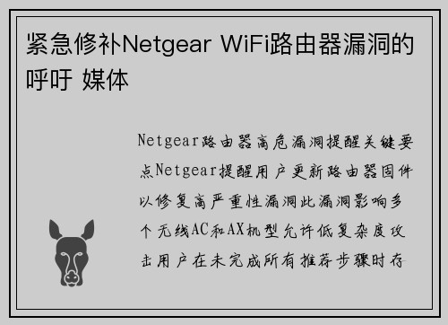 紧急修补Netgear WiFi路由器漏洞的呼吁 媒体